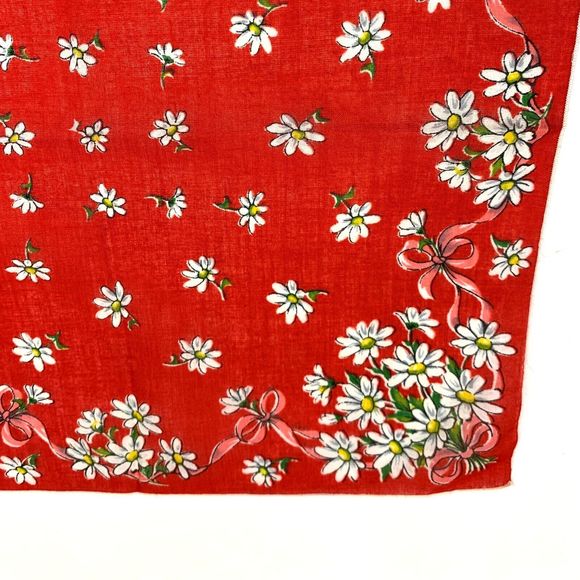 Bright Red White Daisy Handkerchief Flower Vtg Mid Century Boho Cottage Core - Picture 2 of 3